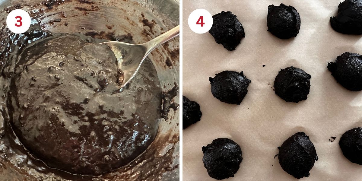 Photos of the whoopie pie batter and balls on a cookie sheet, ready to bake.