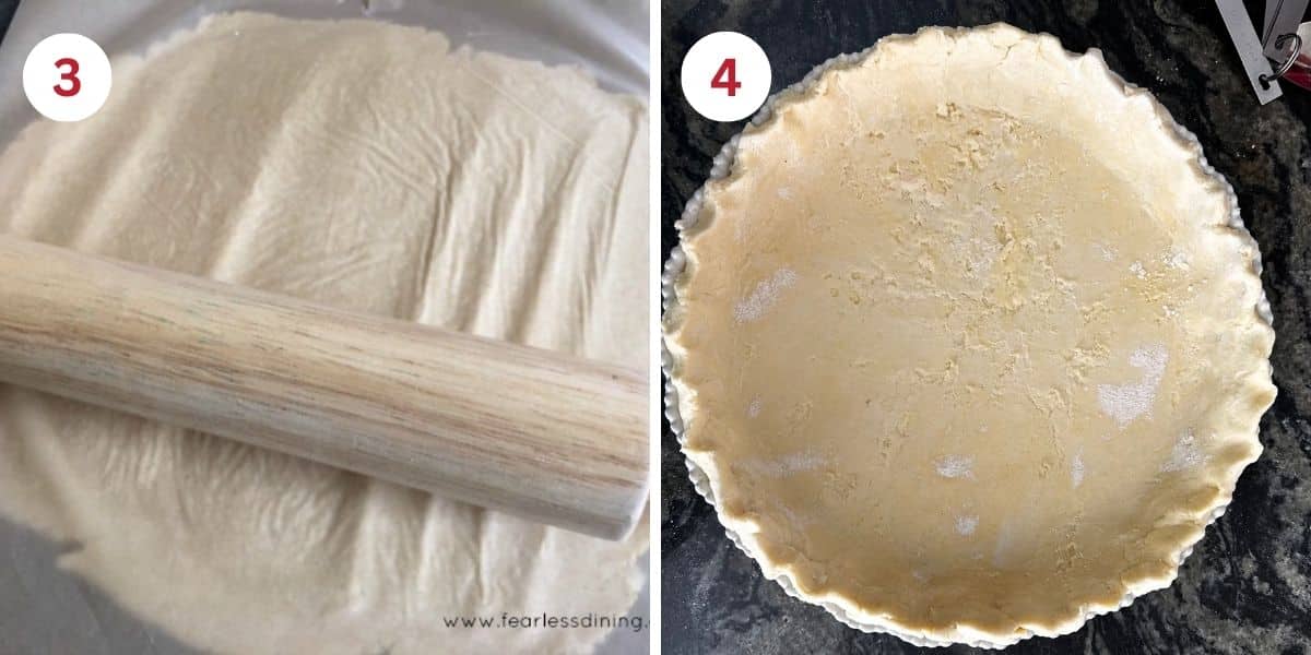 Photos showing rolling the dough and placing it in a pie dish.