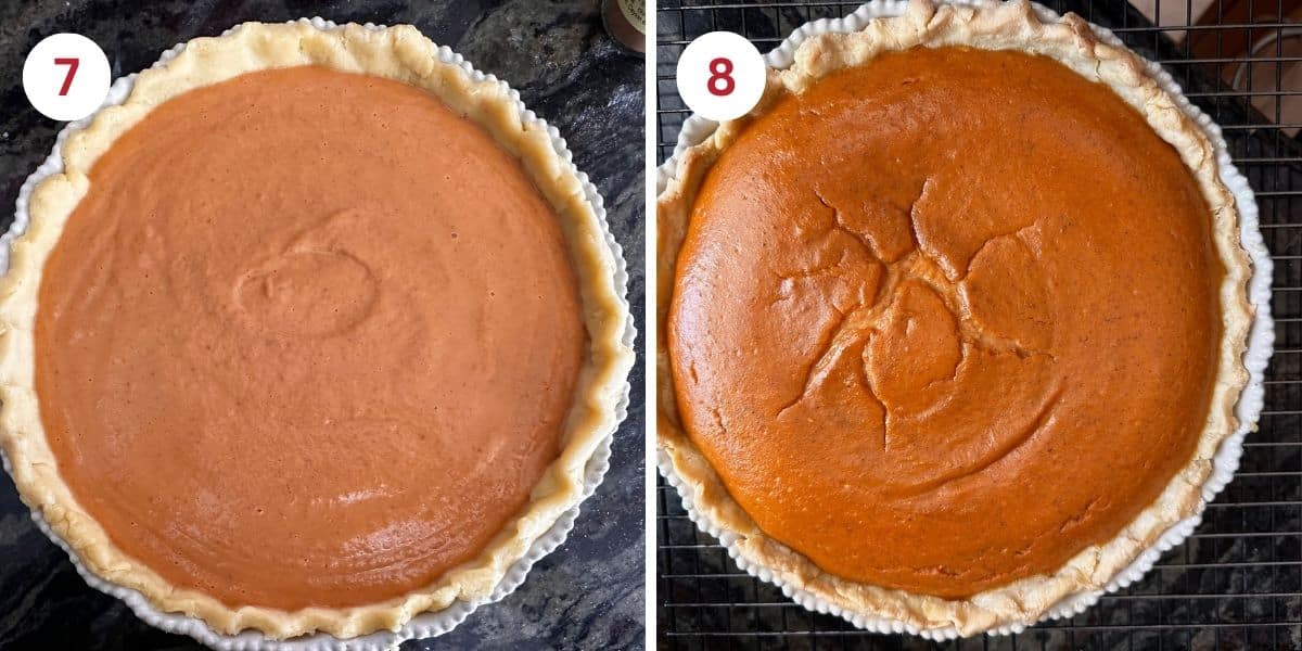 Photos of the pumpkin pie before and after baking.