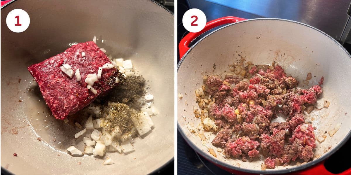 Photos showing cooking the ground meat with the onions.