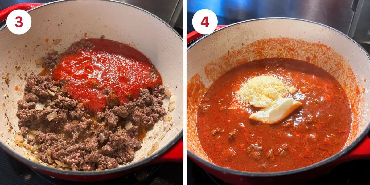 Photos showing adding the sauce and cheese to the cooking meat mixture.