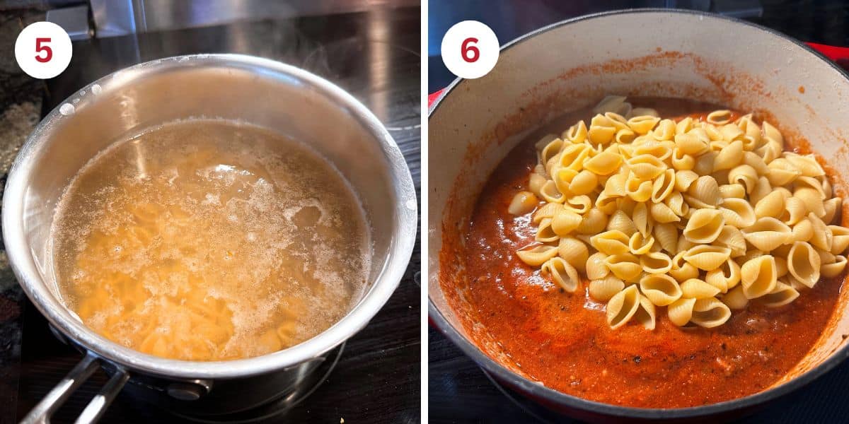 Cooking the gluten free shells pasta in boiling water.