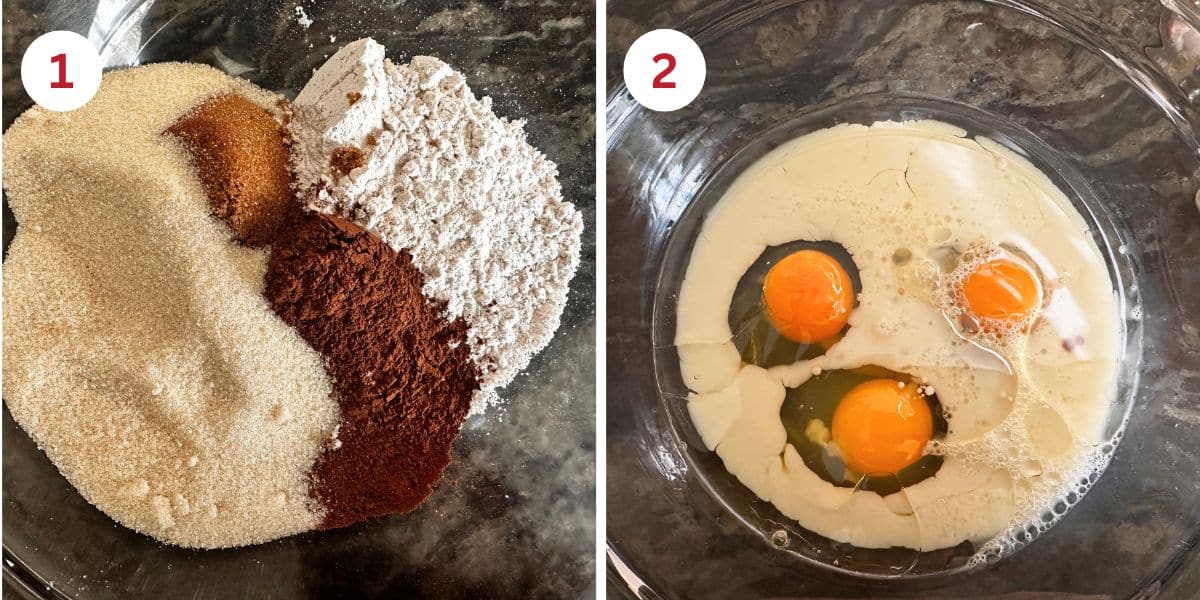 Photos of the dry ingredients and wet ingredients in mixing bowls.