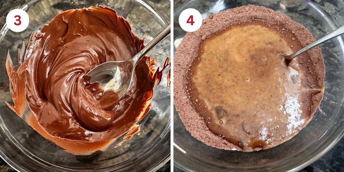 Photos of the melted chocolate chips and mixing the wet and dry ingredients.
