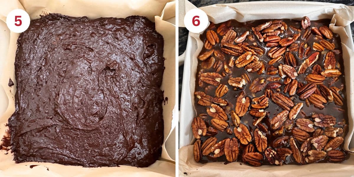 Photos of the brownie batter in the pan and the pecan pie topping on top of the brownie batter.