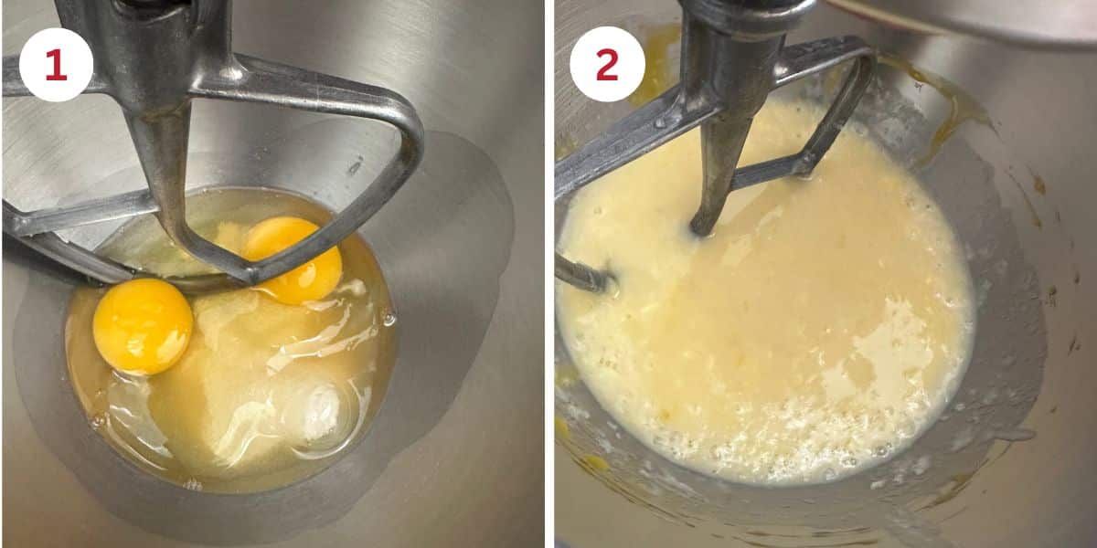 Photos of the wet ingredients in the stand mixer getting blended.
