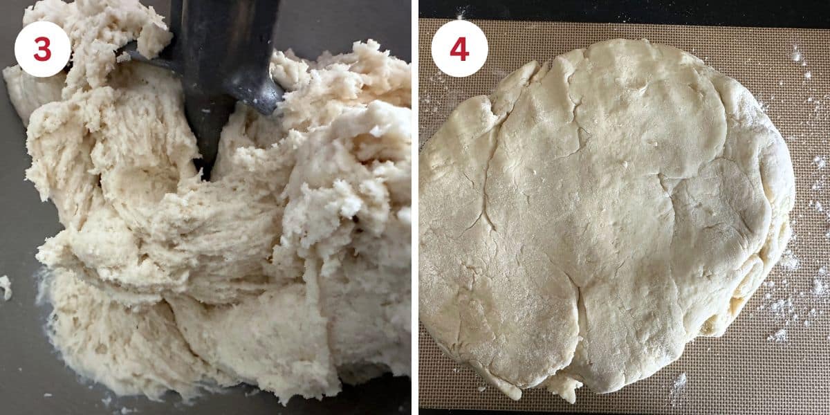 Photos showing the breakfast twist dough in the mixer and on a silicone mat.