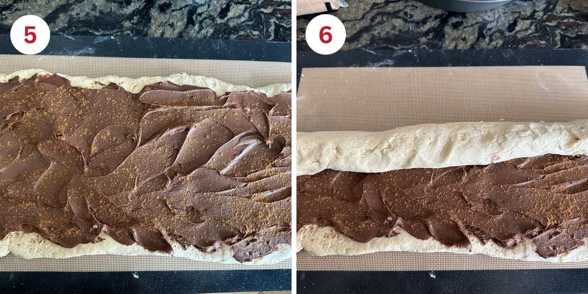 Photos of spreading the Nutella on the dough and rolling the dough.