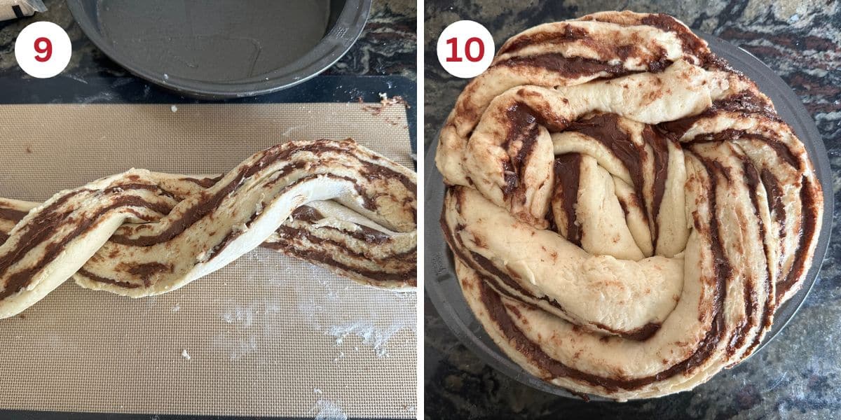 Photos showing how to shape the dough into a twist.