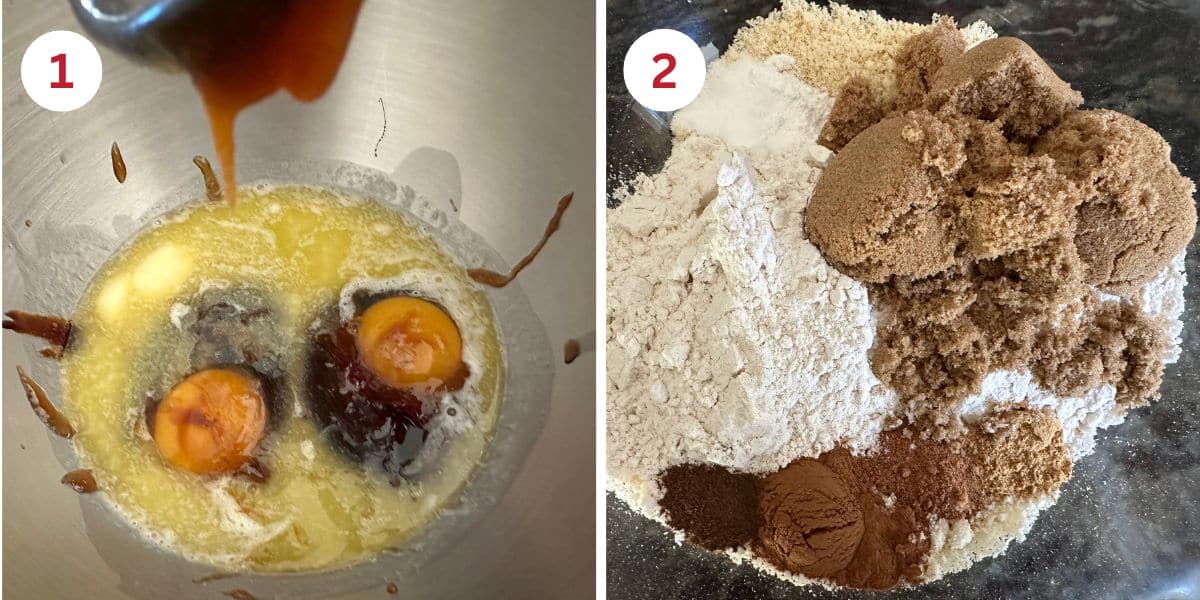 Photos of the wet ingredients in the stand mixer and the dry ingredients.