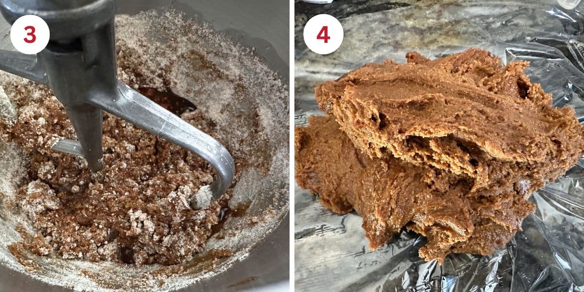 Photos of mixing the wet and dry ingredients in the mixer.