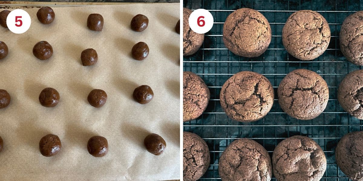 Photos of the cookie balls and baked cookies on a rack.