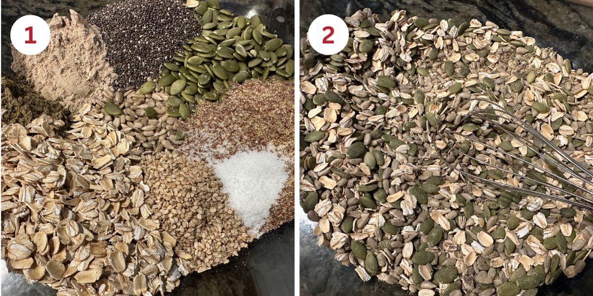 The seeds and nuts in a large mixing bowl.