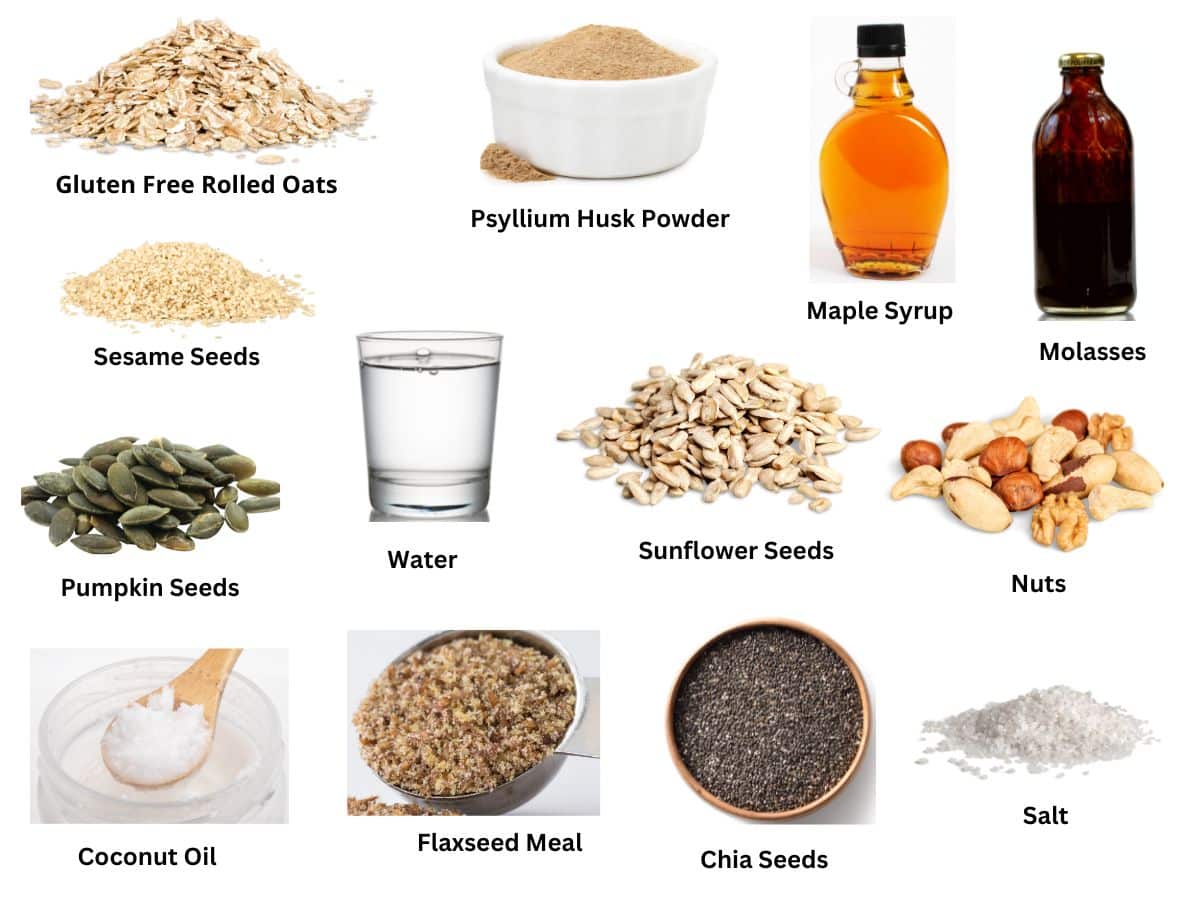 Photos of the ingredients to make this seedy bread.
