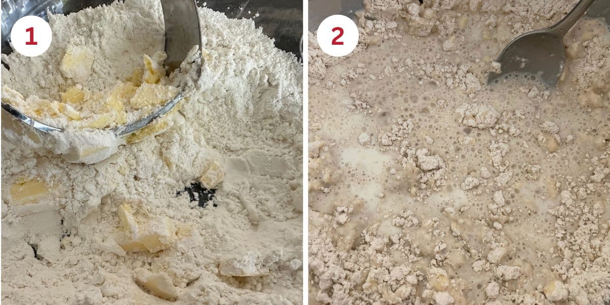 Photos showing cutting the butter into the flour mixture and adding the milk.