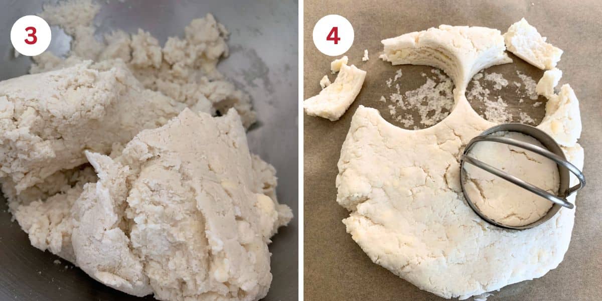 Photos of the biscuit dough and of a biscuit cutter in the dough.