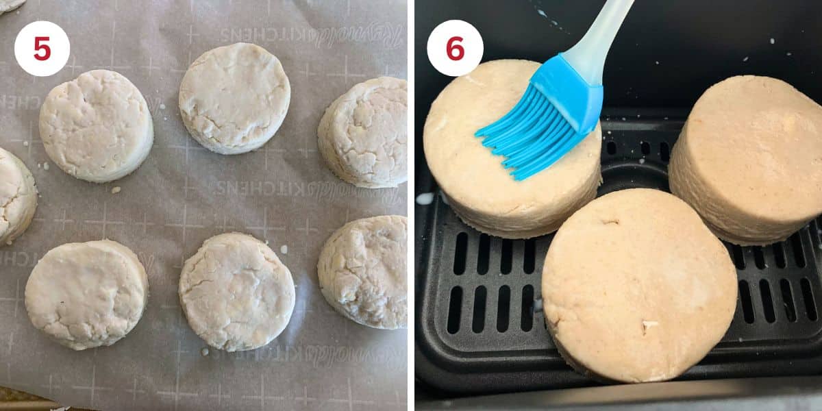 Photos of the biscuits cut out and brushing milk over them in the air fryer.
