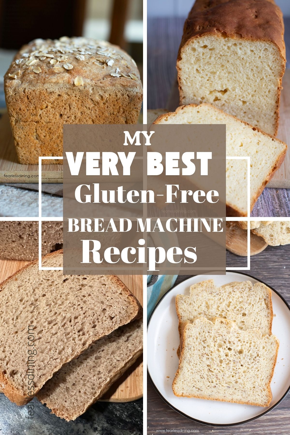 A collage of four loaves of gluten free bread made in a bread machine.