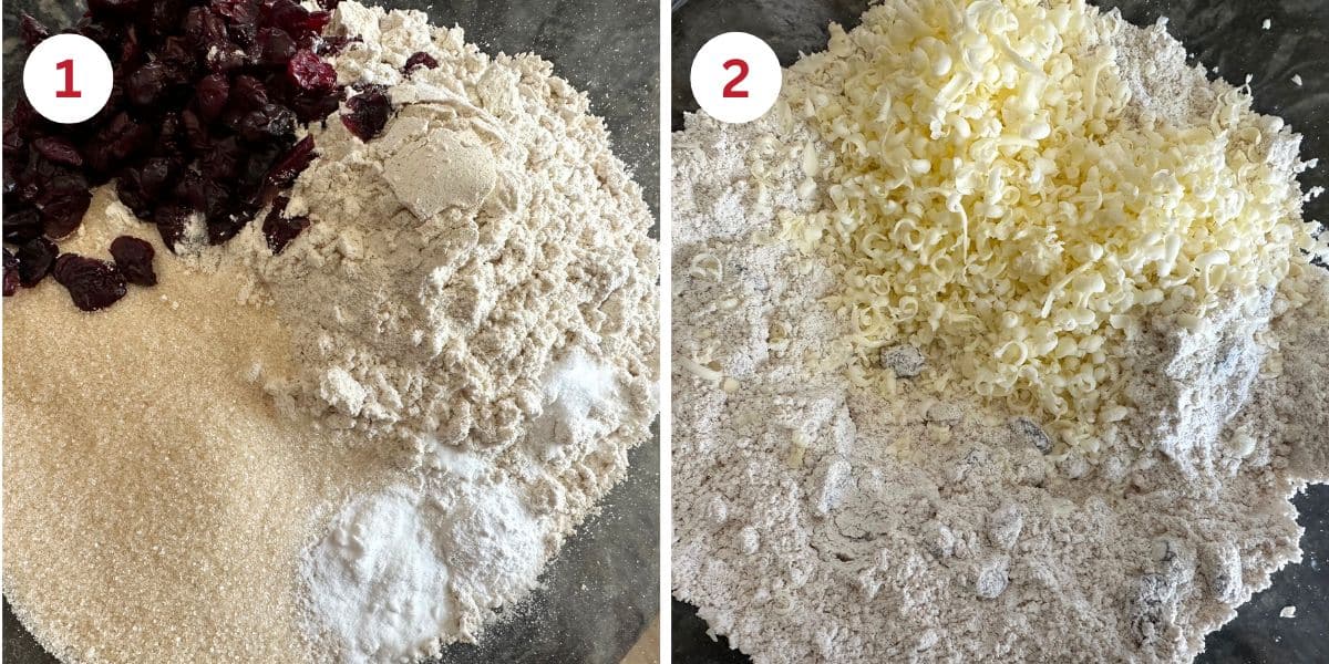 Photos mixing the dry ingredients and adding the frozen shredded butter.