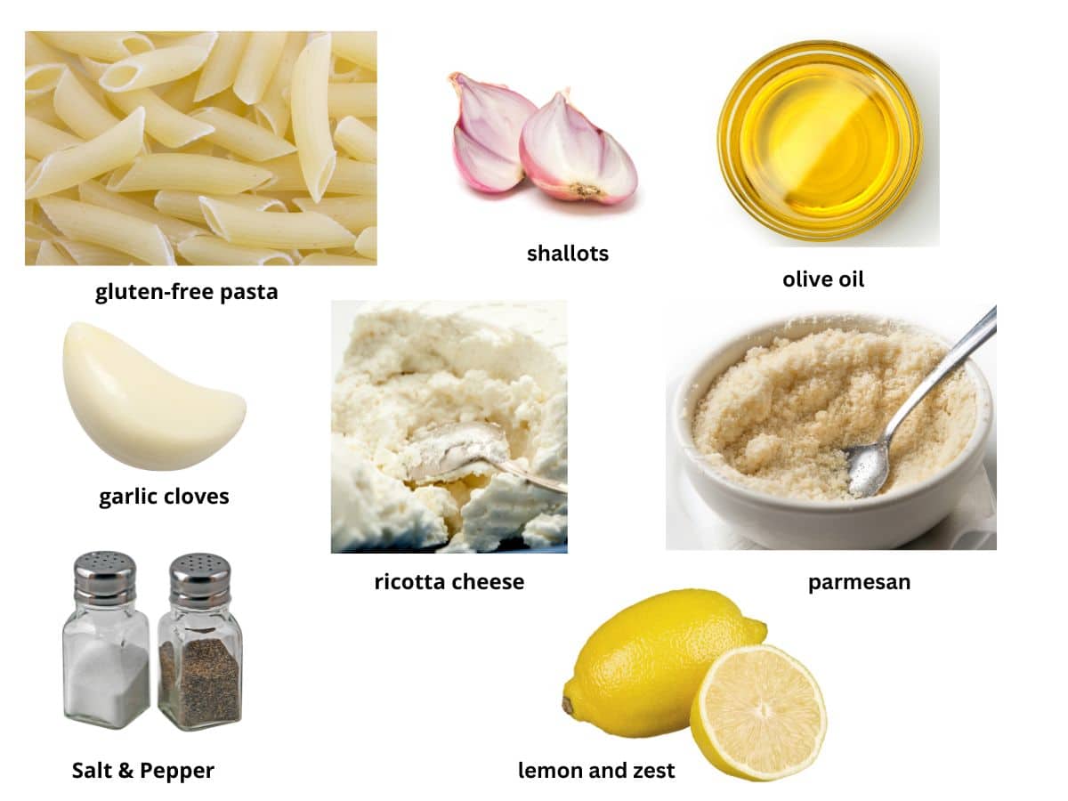 Photos of the ingredients to make the lemon ricotta pasta.