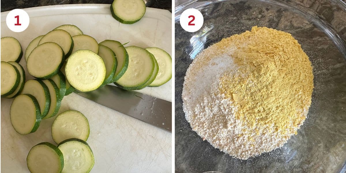 Photos of the zucchini slices and the bread crumb mixture.