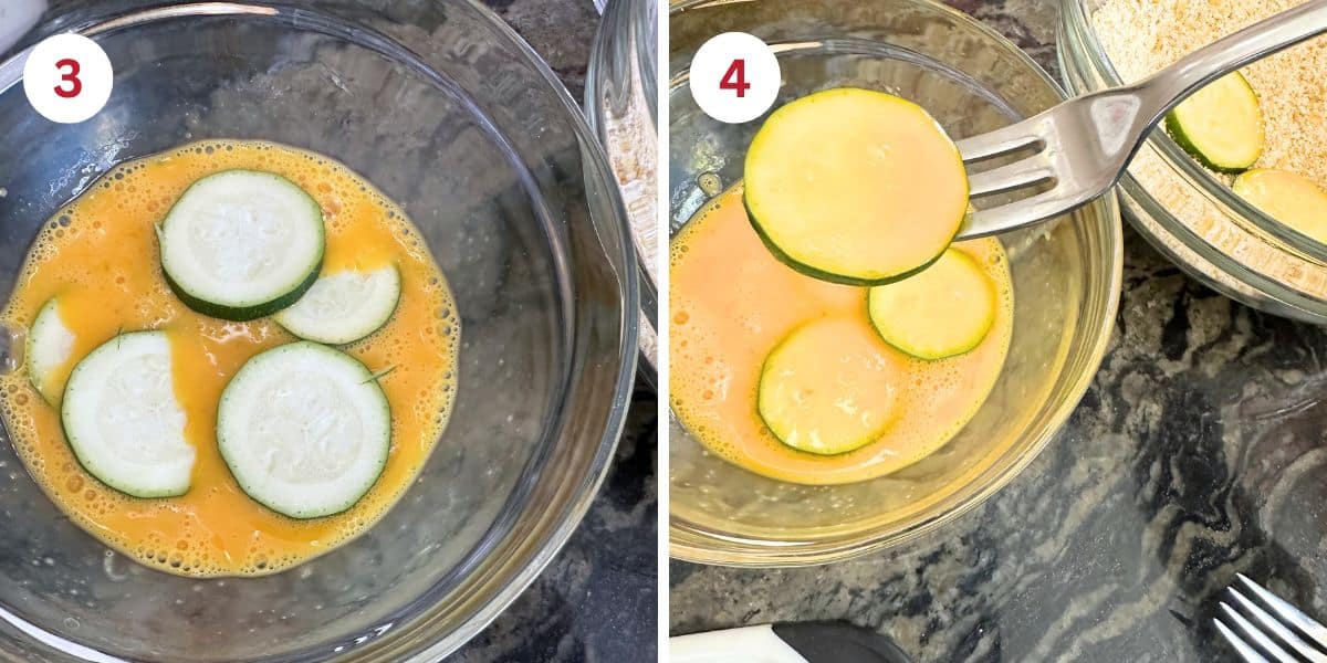 Photos dipping the zucchini in the egg.