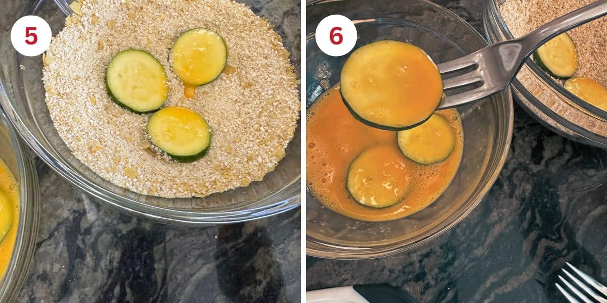 Photos showing coating the zucchini chips.