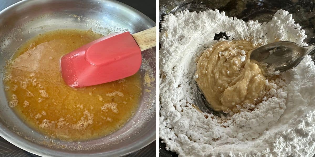 Photos showing heating the kumquat brown butter glaze.