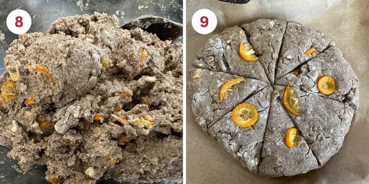 Photos of the scone dough before and after shaping into a disc.