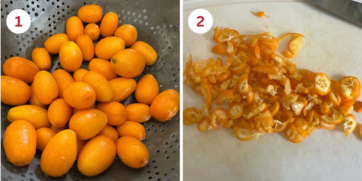 Photos of the kumquats whole, and chopped with the seeds removed.