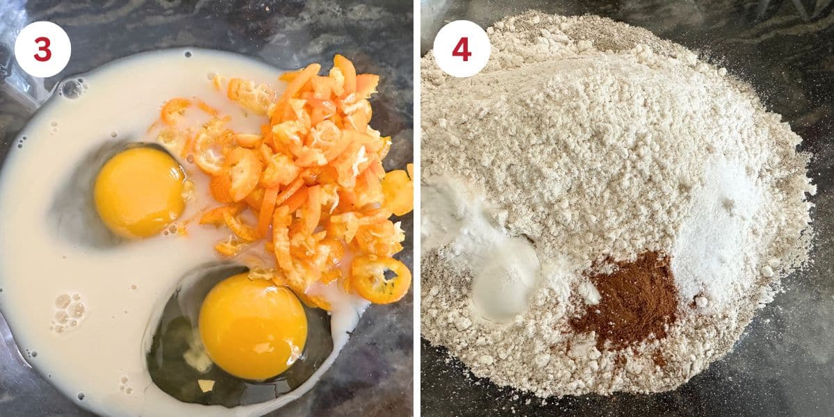 Two mixing bowls. One is filled with the wet ingredients and the other with the dry ingredients.