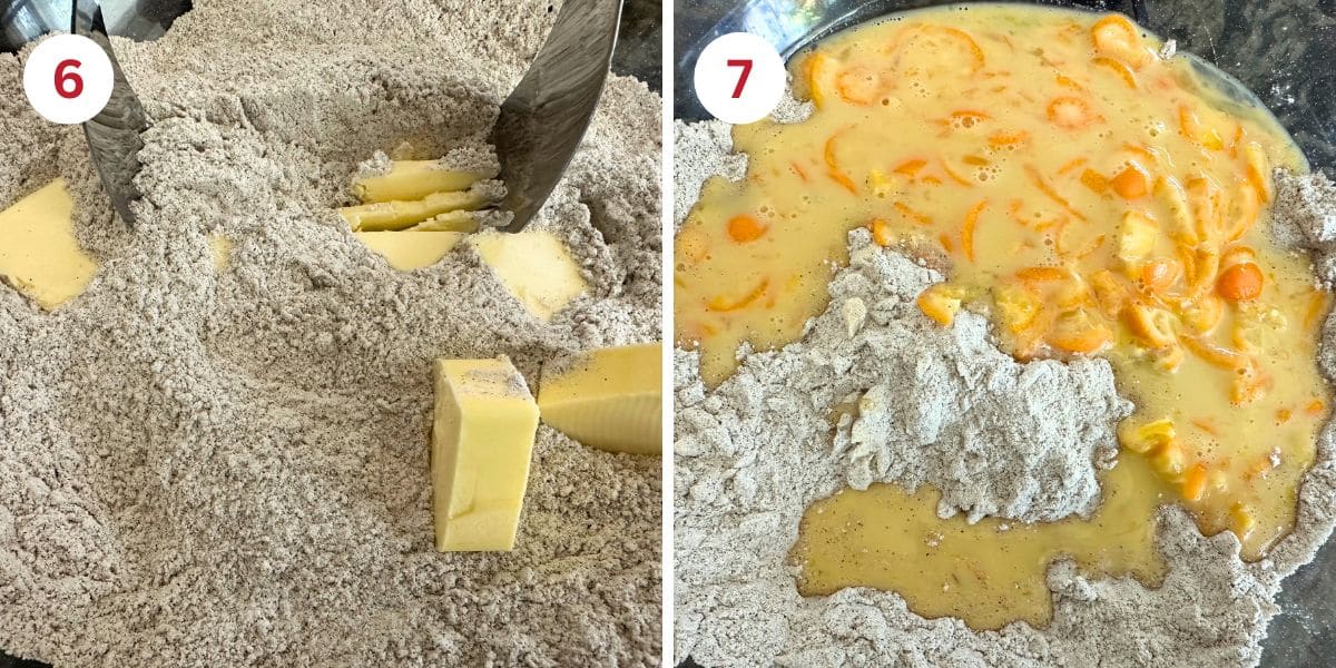 Showing blending the butter into the dry ingredients and mixing the wet and dry ingredients.