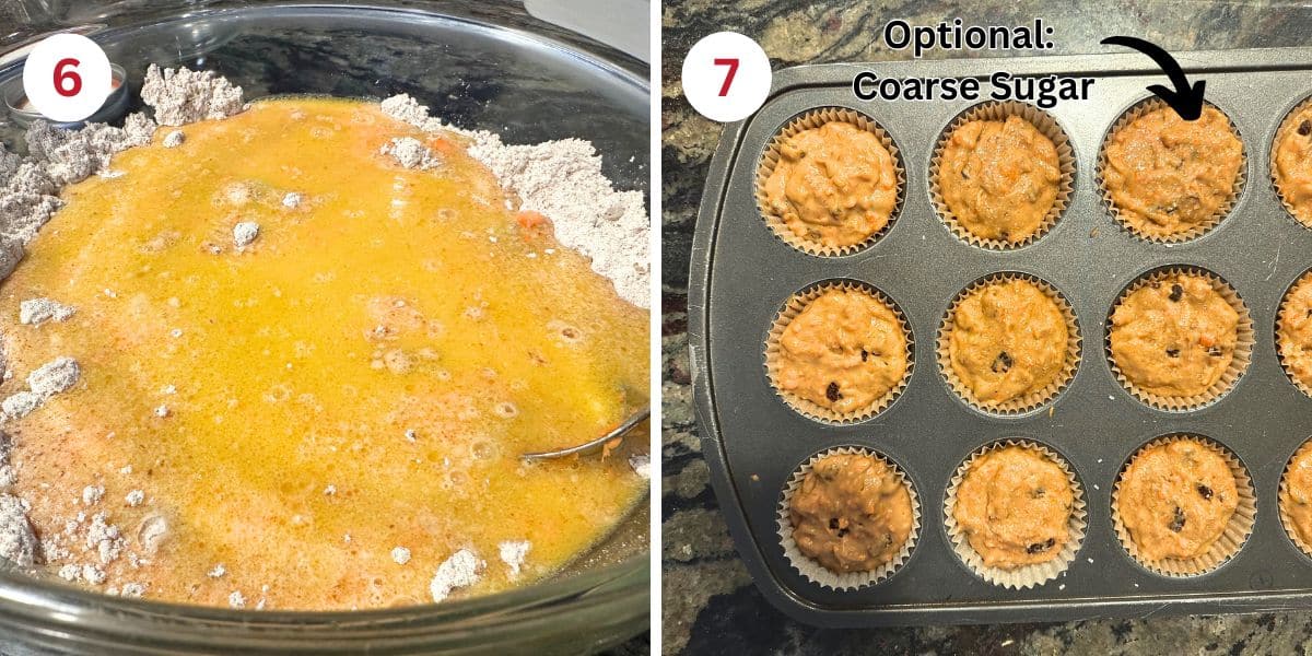 Photos showing mixing the batter and the batter in the muffin tin.