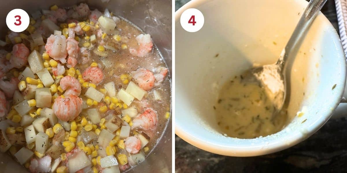 Photos showing the soup cooking and making the cornstarch slurry.