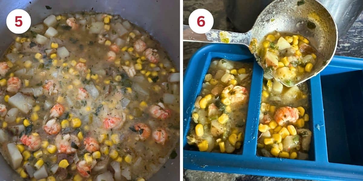 A photo of the cooked soup and pouring some into souper cubes for freezing.