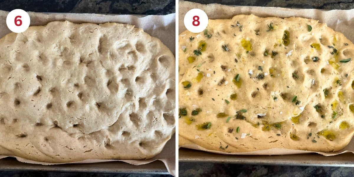 Photos of the dough after rising and with the oil and herbs on top.