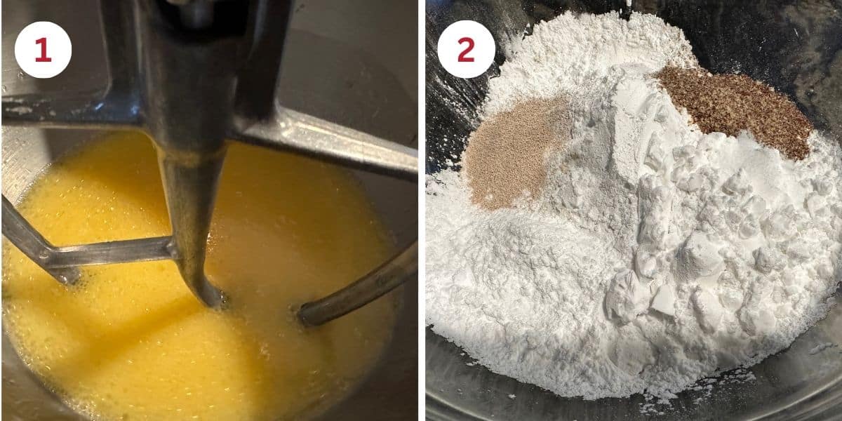 Photos mixing up the bread dough in a stand mixer with a paddle attachment.