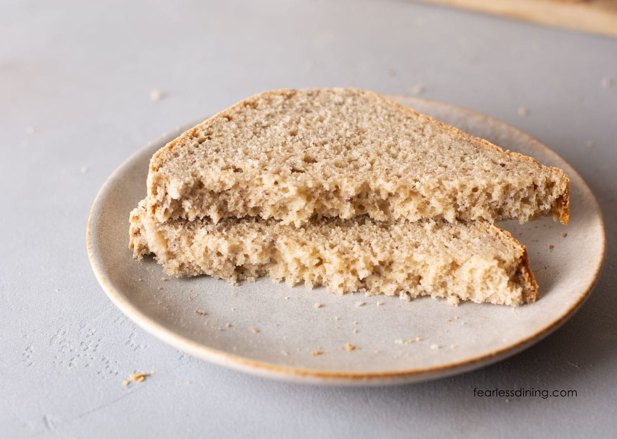 A slice of bread cut in half on a plate.