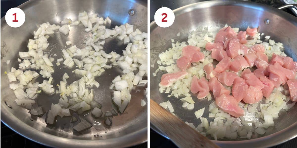 Photos of the onions and chicken cooking in the pan.