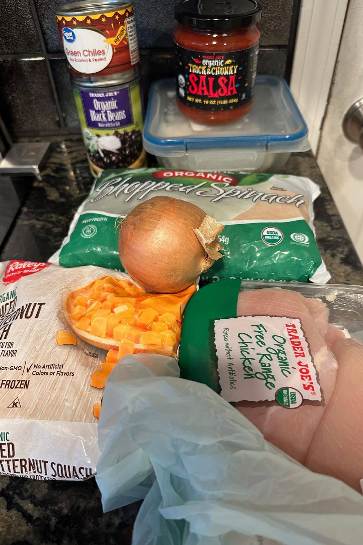 A photo showing all of the salsa chicken ingredients.