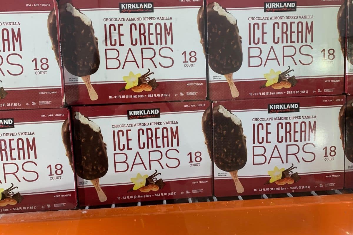 Pictures of boxes of Kirkland ice cream bars at Costco.