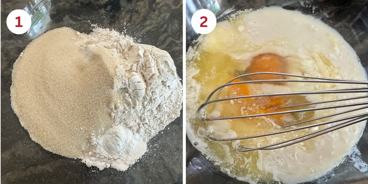 Photos showing mixing the wet and dry ingredients in mixing bowls.