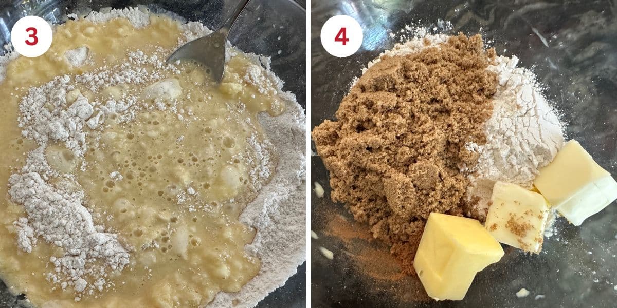 Photos showing mixing the gluten free muffin batter and the crumb topping ingredients.