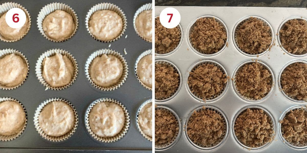 Photos showing muffins in the pan with and without the crumb topping.