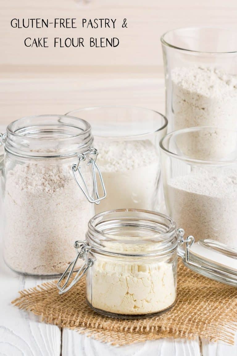Different types of flour used to make this gluten free pastry and cake flour blend in jars.