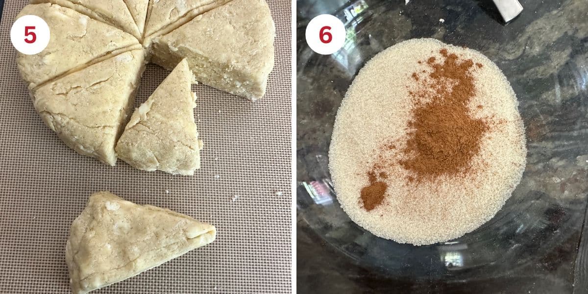 Photos of cutting out the scones and mixing the cinnamon sugar coating.