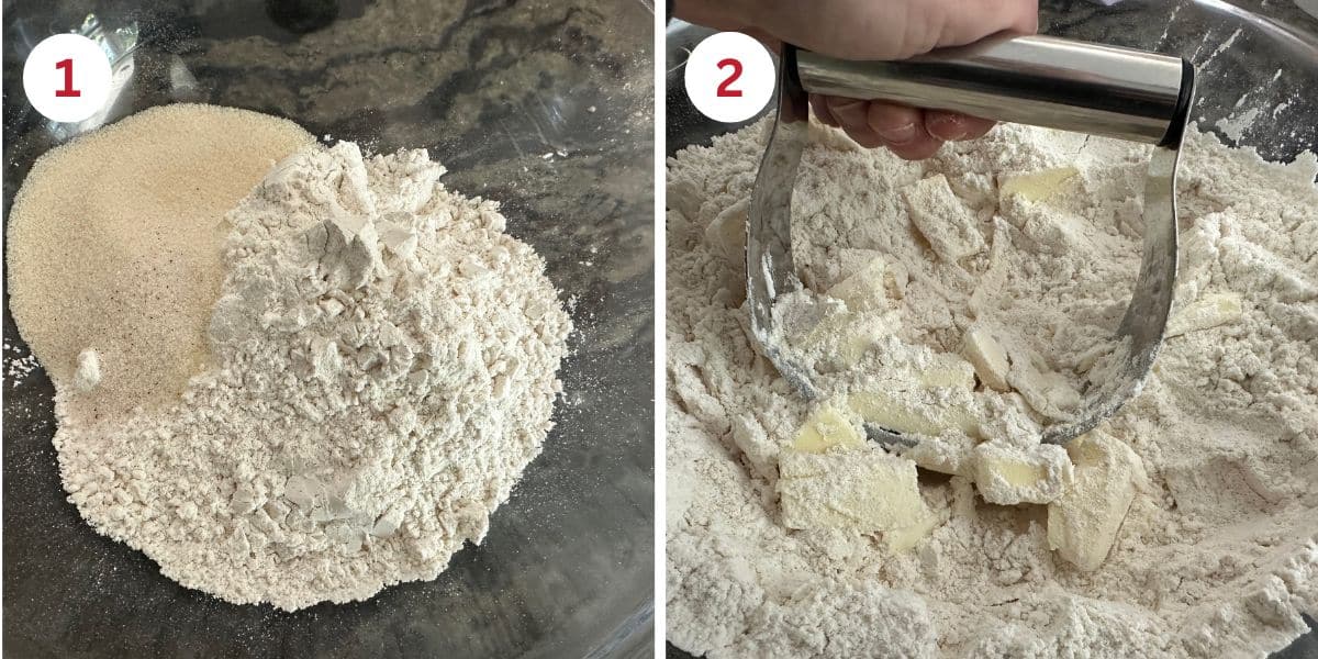 Photos of the dry ingredients and cutting cold butter into the dry ingredients.