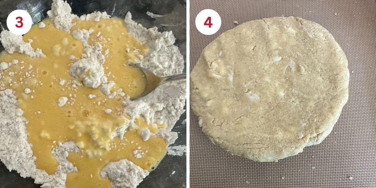 Photos showing mixing the wet and dry ingredients, and the scone dough.