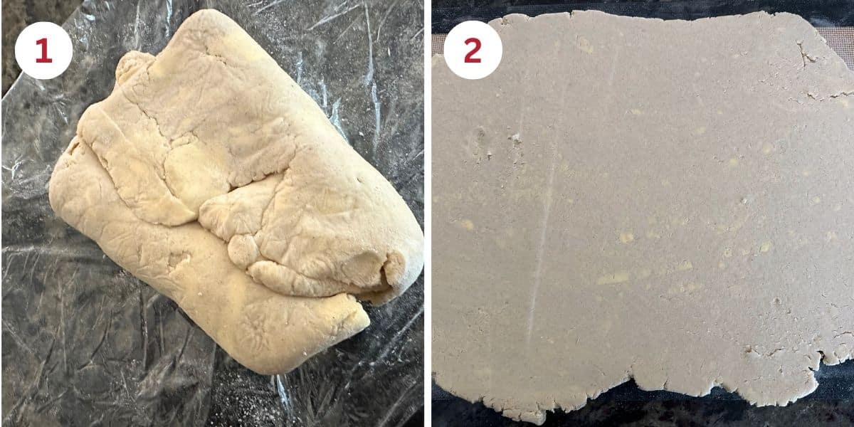 Photos of the rough puff dough and of it rolled out.