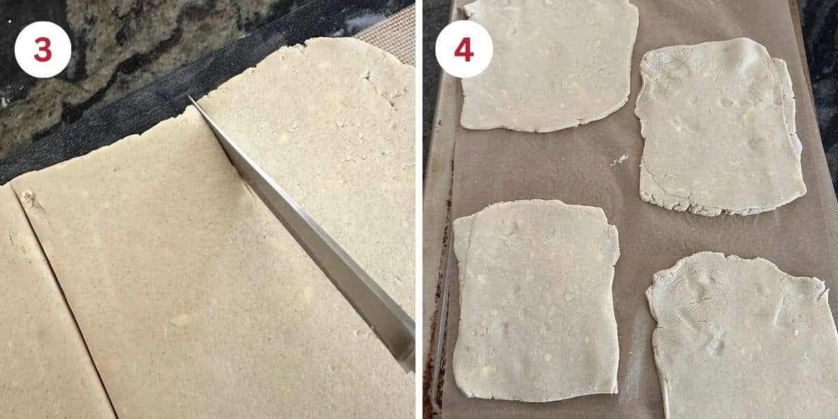 Cutting out triangle shapes with the dough to form turnovers from.